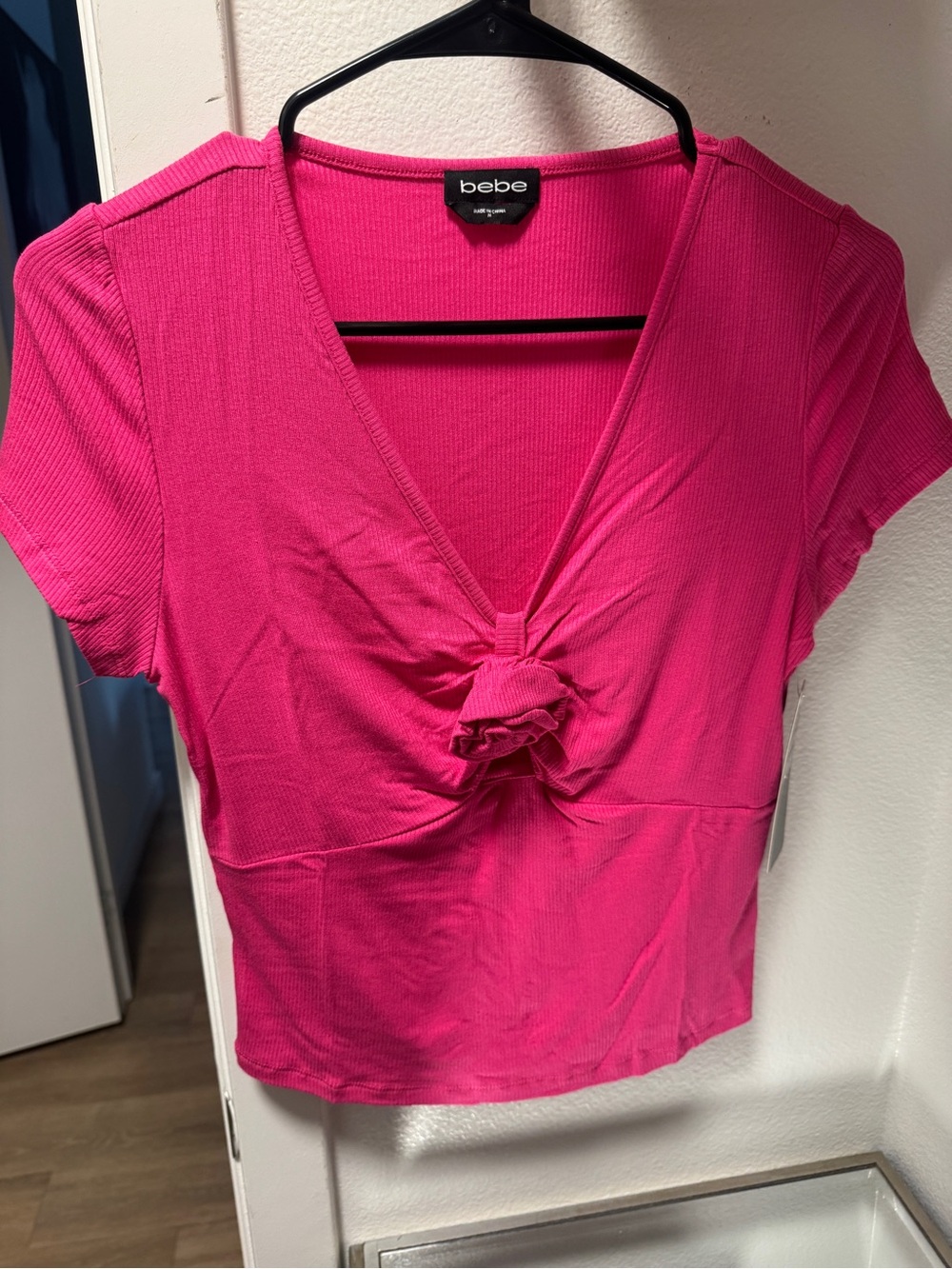 bebe Fuchsia Knot-rosette Ribbed V-Neck  Top